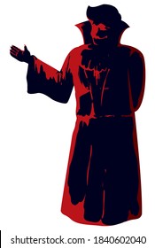 Dark silhouette of classic vampire creature wearing tunic, cape, lapel, collar and sharp nails, isolated over white background.