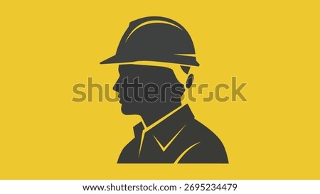 A dark silhouette of a construction worker wearing a hard hat and collared shirt, shown in profile against a bright yellow background. The image represents labor and industry.