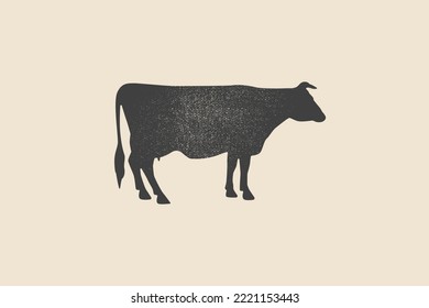 Dark silhouette of a cow on a light background. Logo template for dairy, meat products and farms. Can be used for butcher shop, market, menu design, packaging and labels. Vector illustration. 