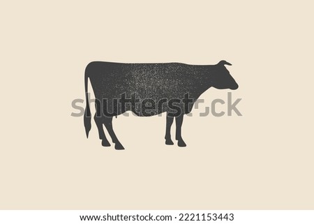 Dark silhouette of a cow on a light background. Logo template for dairy, meat products and farms. Can be used for butcher shop, market, menu design, packaging and labels. Vector illustration. 