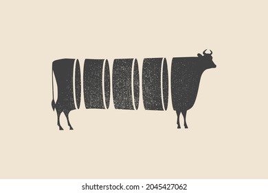 Dark silhouette of a cow sliced into pieces. Emblem template for dairy, meat products and farms. Can be used for dairy stores, markets and menu design, packaging and labels. Vector illustration.