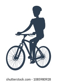 Dark silhouette of cyclist, vector illustration with sportsman on cute bike, man in special helmet, curved carcase, banner isolated on white backdrop