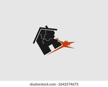 A dark silhouette of a damaged house with visible cracks and an orange explosion emanating from its side