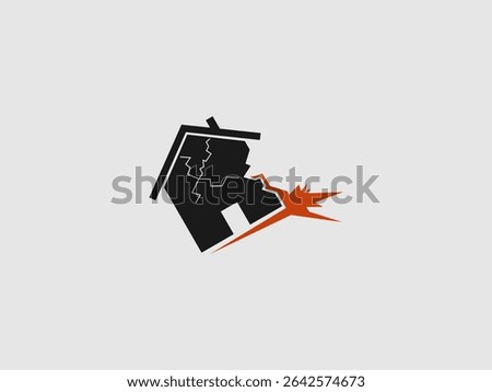 A dark silhouette of a damaged house with visible cracks and an orange explosion emanating from its side