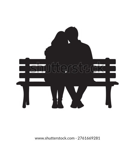 A dark silhouette depicts a couple sharing a tender moment on a wooden bench.