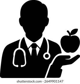 A dark silhouette of a doctor wearing a stethoscope and holding an apple in their outstretched hand. This distinctive silhouette style emphasizes the concept of healthy living.