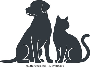A dark silhouette of a dog and a cat sitting side by side, representing companionship.