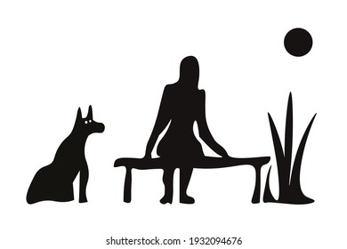 Dark silhouette of a dog and a young woman on a white background. A woman sits on a bench, next to a faithful dog. they are looking at the moon in the distance. vector illustration.
