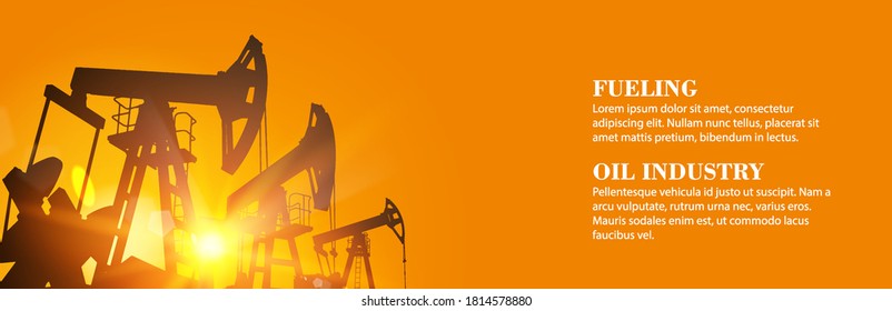 Dark silhouette of drilling rig and pump during sunset