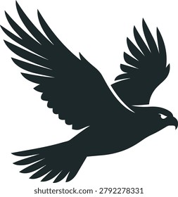 A dark silhouette of an eagle soaring through the air, its wings fully extended, showcasing its powerful form and predatory gaze.