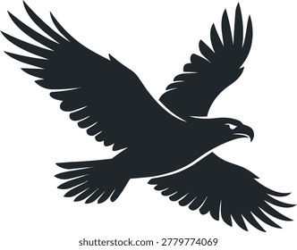A dark silhouette of an eagle with wings spread wide, captured in mid-flight against a white background.