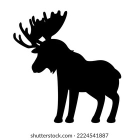 Dark silhouette of elk. Forest dweller with horns. Fauna and biology. Sticker for social networks and instant messengers. Poster or banner. Aesthetics and elegance. Cartoon flat vector illustration