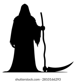 Dark silhouette of a figure resembling the Grim Reaper holding a traditional scythe, symbolizing death or mortality, against a plain white background.