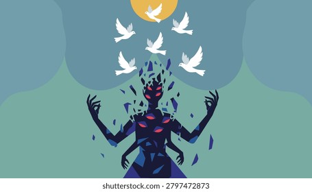Dark silhouette figure shattering into pieces as white doves fly upward toward the bright sun of liberation.