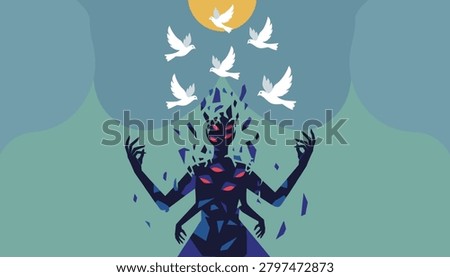 Dark silhouette figure shattering into pieces as white doves fly upward toward the bright sun of liberation.