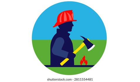 A dark silhouette of a firefighter wearing a red helmet and carrying an axe in a side profile view