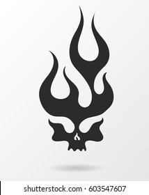 Dark silhouette flaming skull emblem, old school fire logo, isolated vector illustration