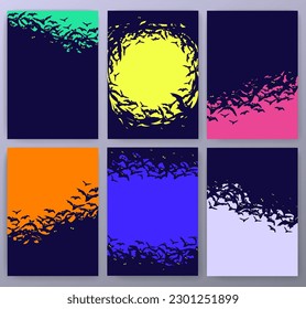 Dark silhouette a flock of flying bats on orange, blue and pink background. Halloween traditional design element.