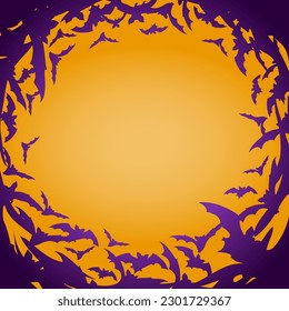 Dark silhouette a flock of flying bats on orange background with copy space. Circle frame in square composition