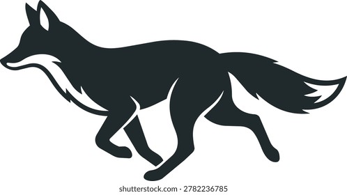 A dark silhouette of a fox captured mid-stride, its body elongated as it runs with speed and grace.