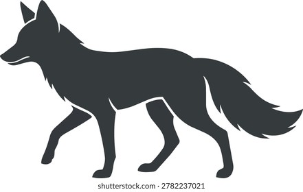 A dark silhouette of a fox captured in motion, showcasing its sleek form and bushy tail.