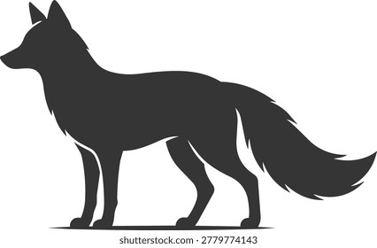 A dark silhouette of a fox standing alertly, showcasing its pointed ears, slender snout, and a large, bushy tail.