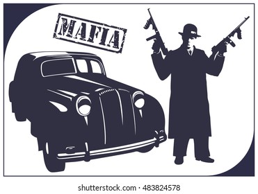 Dark Silhouette Of A Gangster With Guns Near A Car. Mafia.