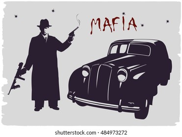 Dark Silhouette Of A Gangster With Guns Near A Car.