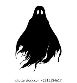 A dark silhouette of a ghostly figure with flowing hair and hollow eyes, set against a plain white background, evoking a spooky and mysterious atmosphere.