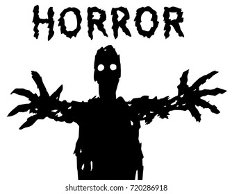 A dark silhouette with glowing eyes draws his hands. The horror genre. Scary halloween character. Vector illustration.