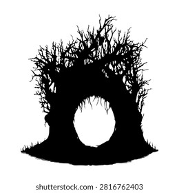 A dark silhouette of a gnarled, leafless tree with a hollow center, creating a mysterious and enchanting visual effect.