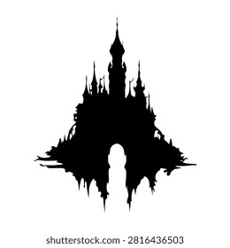 A dark silhouette of a gothic castle featuring multiple spires and a central tower, set against a plain white background, emphasizing architectural details.