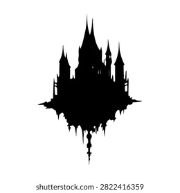 A dark silhouette of a Gothic castle featuring multiple spires and turrets, set against a plain white background, emphasizing architectural details.