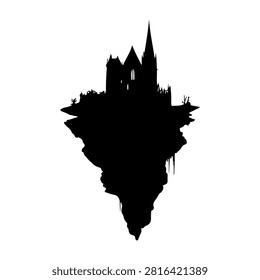 A dark silhouette of a Gothic castle with tall spires on a floating island, set against a plain white background, emphasizing mysterious medieval architecture.