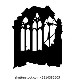 A dark silhouette of a Gothic castle window featuring broken glass and intricate stonework, evoking a mysterious and historic atmosphere.