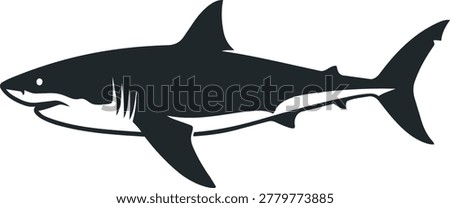 A dark silhouette of a great white shark, viewed from the side, with its fins and tail clearly visible.