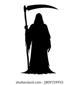 Dark silhouette of a grim reaper figure holding a scythe, symbolizing death or mortality, set against a plain background.