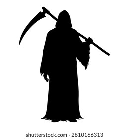A dark silhouette of the Grim Reaper figure holding a scythe, symbolizing death and mortality, against a plain background.