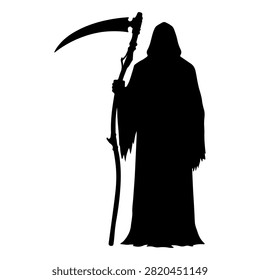 Dark silhouette of a Grim Reaper figure holding a scythe, symbolizing death or mortality, set against a plain background for dramatic effect.