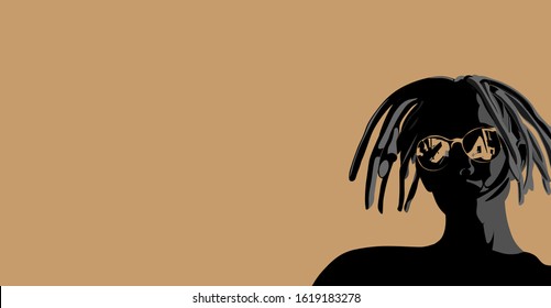 dark silhouette of a guy with dreadlocks on a beige background 