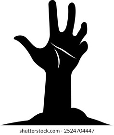 Dark silhouette of a hand reaching upward from the ground, evoking a spooky and mysterious atmosphere. Ideal for Halloween, horror themes, or eerie concepts.