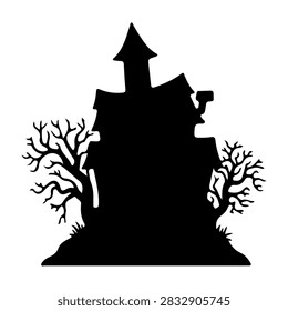 Dark silhouette of a haunted house with leafless trees, creating a spooky and eerie atmosphere suitable for Halloween themes or horror concepts.