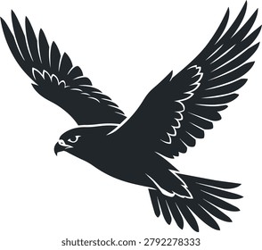 A dark silhouette of a hawk captured mid-flight, its powerful wings extended, showcasing its predatory grace and freedom in the sky.
