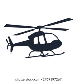 Dark silhouette of a helicopter with main rotor and tail propeller on white