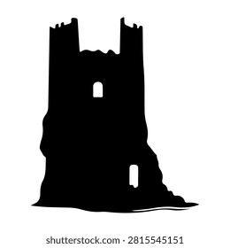 A dark silhouette of a historic castle tower with battlements and windows, set against a plain white background, emphasizing its architectural features.