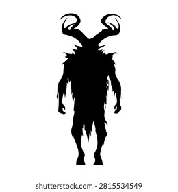 Dark silhouette of a horned creature with fur, claws, and an imposing stance, set against a plain white background, emphasizing its mythical and mysterious nature.