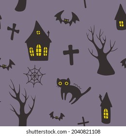 Dark silhouette of house, cat, cross, trees on helloween street. Seamless texture for textile, fabric, apparel, wrapping, paper, stationery.