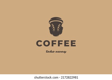 Dark silhouette human hands holding warm coffee paper cup take away coffeeshop logo template design vector illustration. Black monochrome caffeine hot morning traditional beverage emblem