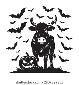 A dark silhouette illustration of a stitched Frankenstein-style cow standing next to a scary jack-o-lantern surrounded by flying bats for Halloween.