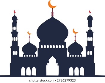 Una silueta oscura de una mezquita islámica con múltiples cúpulas y altos minaretes, adornados con lunas crecientes.
